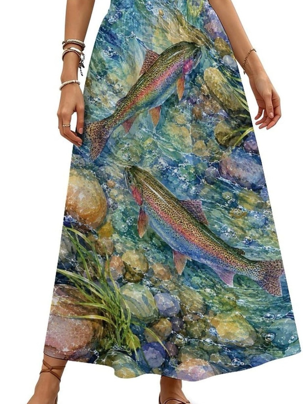 Women’s Blue Green Fish Print Maxi Skirt